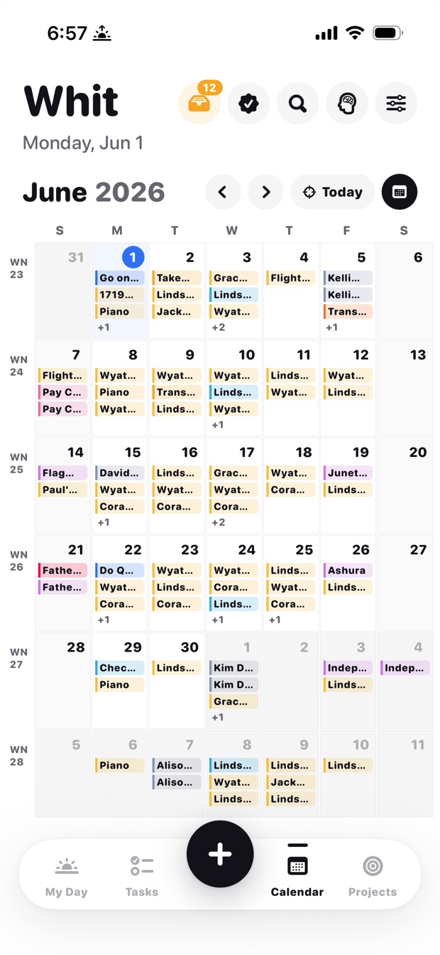 Whit's month calendar — the meetings and reminders you already have, shown in a calmer form
