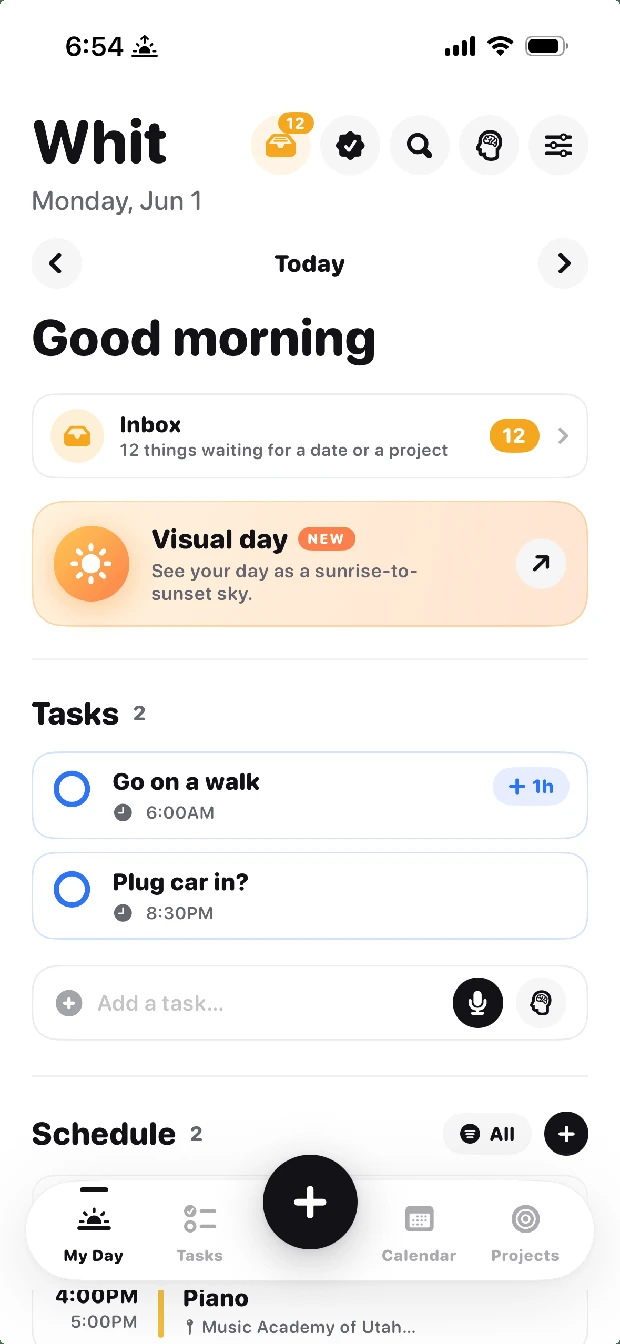 Whit on iPhone showing a calm Good morning overview — the inbox, the Visual Day card, today's tasks and schedule