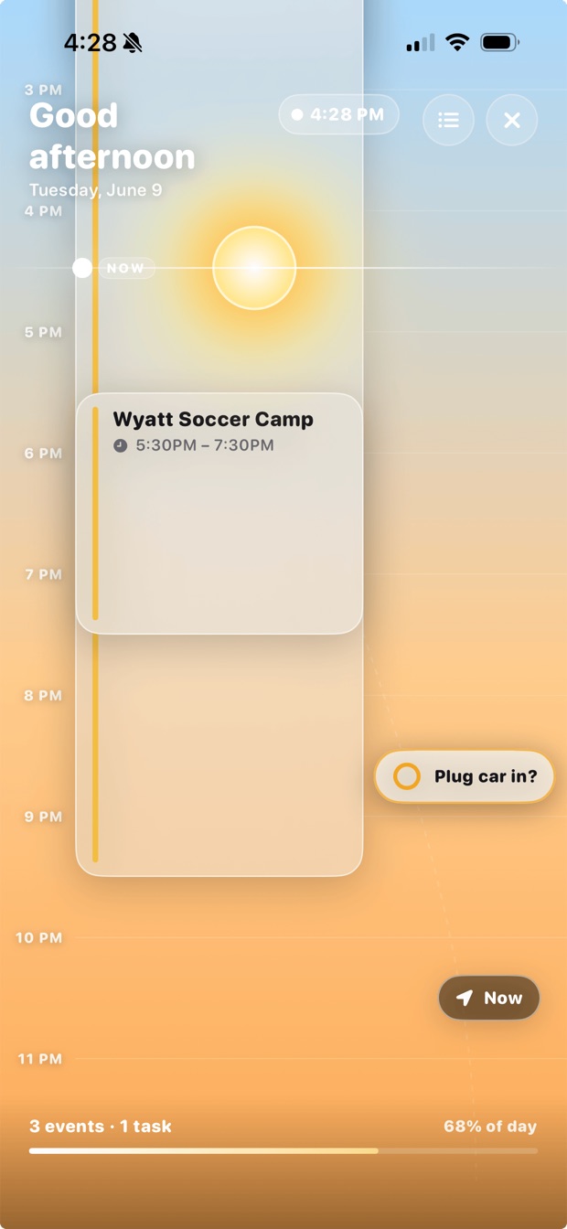 Whit's Visual Day — a soft timeline from afternoon into night, with the sun marking now and an event and a task drifting through it