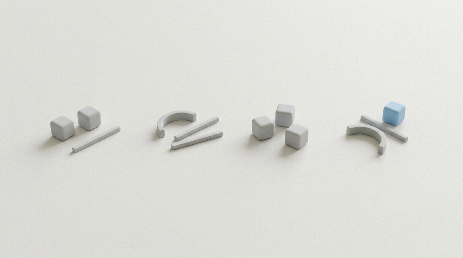 Four small separated groups of simple pale-grey geometric shapes resting across a calm off-white surface, with one cube in sky-blue.