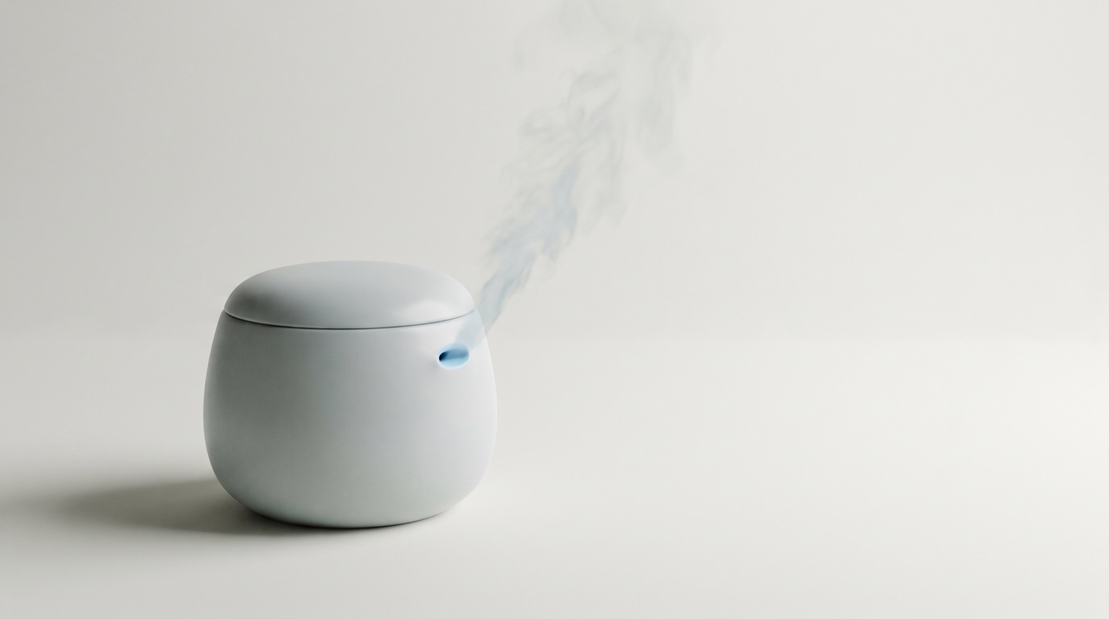 A smooth pale-grey vessel on a calm off-white surface with one small sky-blue vent releasing a thin soft plume, like pressure let out before it builds.