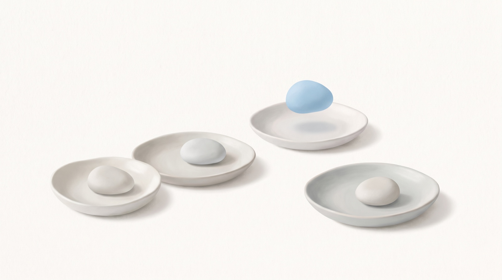 Four shallow pale dishes on a calm off-white surface, three holding a soft grey form and one empty, with a single sky-blue form settling into it.