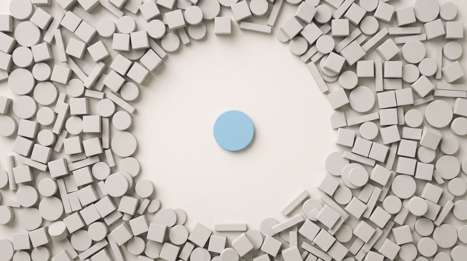 A dense field of small pale-grey cubes, discs and bars crowding in from every edge of a calm off-white surface, leaving one clear circle of open space at the centre with a single sky-blue disc resting in it.