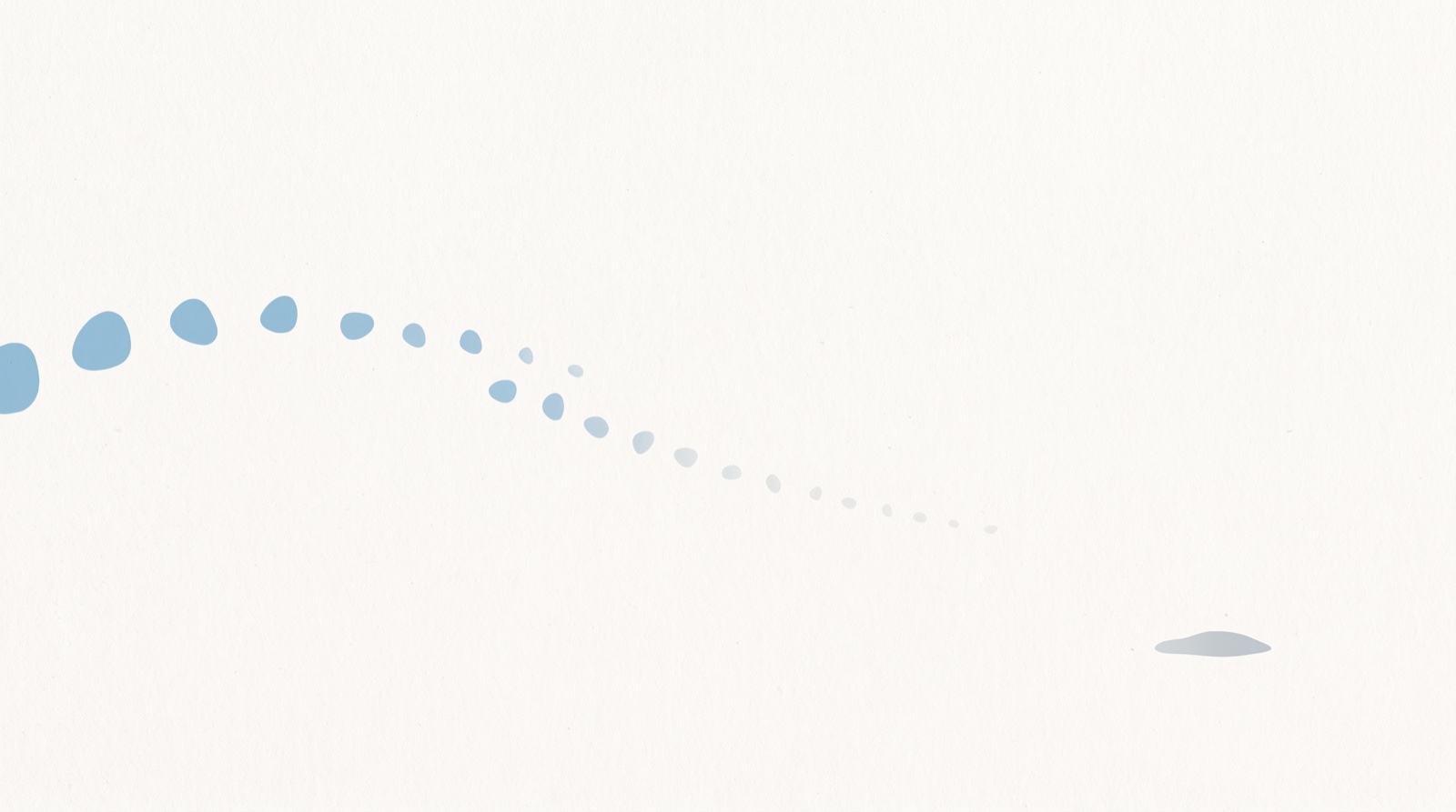 A trail of sky-blue shapes moving across a calm off-white surface, growing smaller and fainter until a single flat form comes to rest and stops.