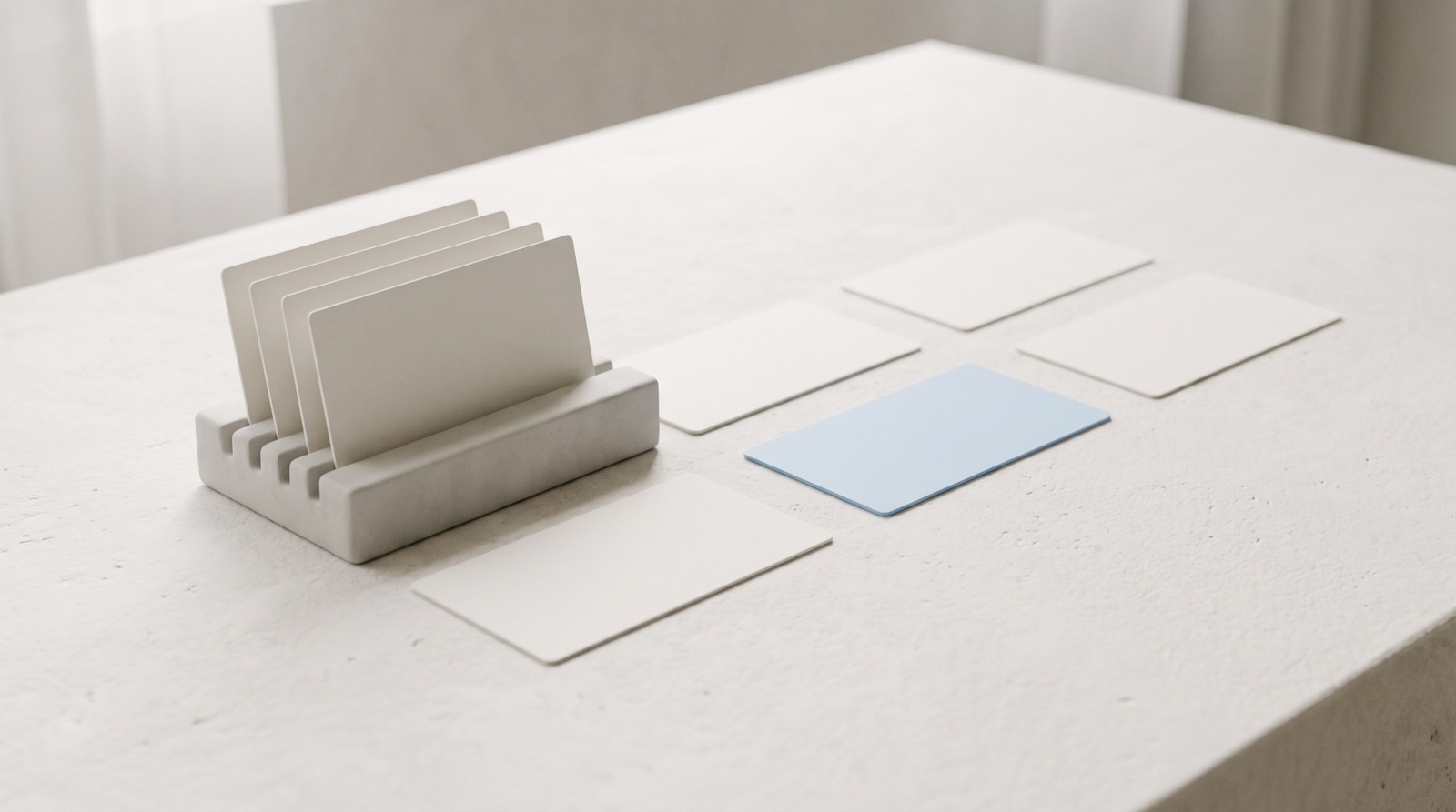 A pale-grey card holder on a calm off-white surface with five blank cards slotted upright in it, and five more cards laid out flat and evenly spaced beside it, one of them sky-blue, like a few things held in mind while the rest wait somewhere safe.