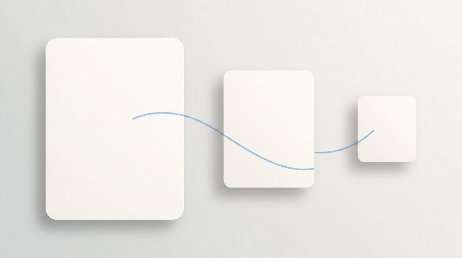 Three blank rounded device panels from large to small, linked by a single sky-blue line, suggesting one calm app syncing privately across iPhone, iPad, and Mac.