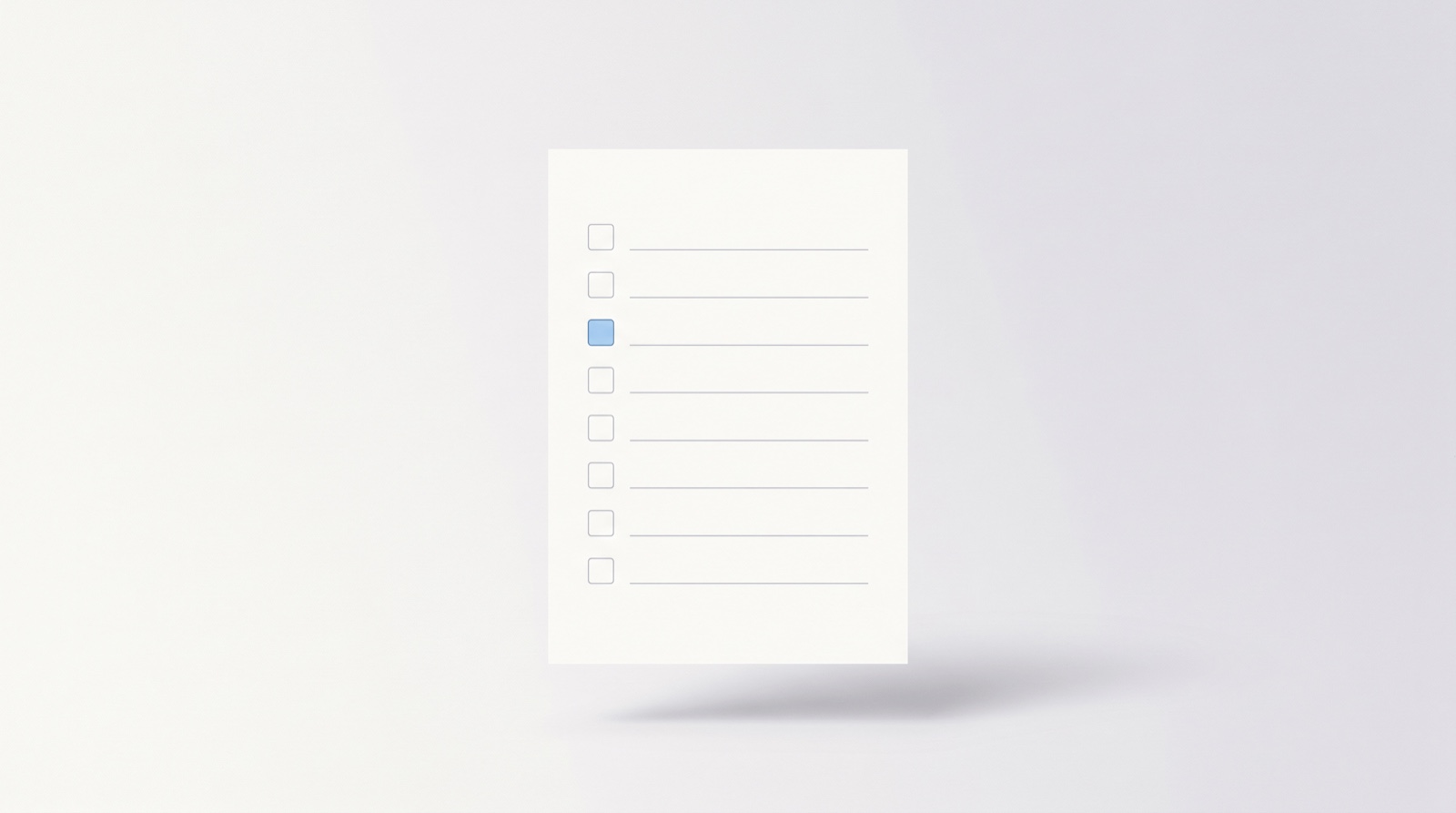 A clean blank checklist sheet with empty checkboxes and faint guide lines, one checkbox highlighted in sky-blue, on a soft neutral background.