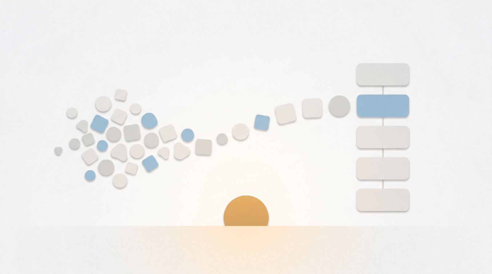 Scattered soft shapes on the left resolving into a neat vertical list of blocks on the right above a small sunrise, a brain dump becoming an ordered day.