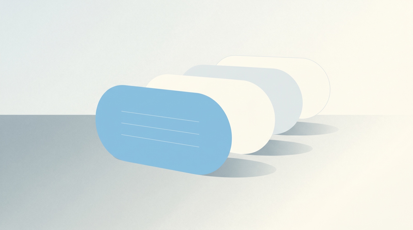 A soft row of rounded day cards receding across a pale off-white field, the nearest one in sky-blue with a few faint plan lines, suggesting a calm daily planning rhythm.