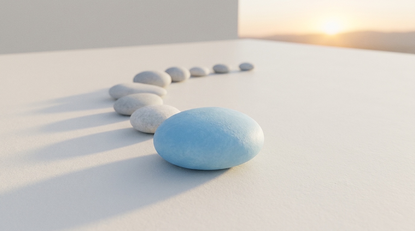 A single smooth sky-blue stone resting at the front of a quiet row of paler forms on an off-white surface, under a soft warm sunrise glow.