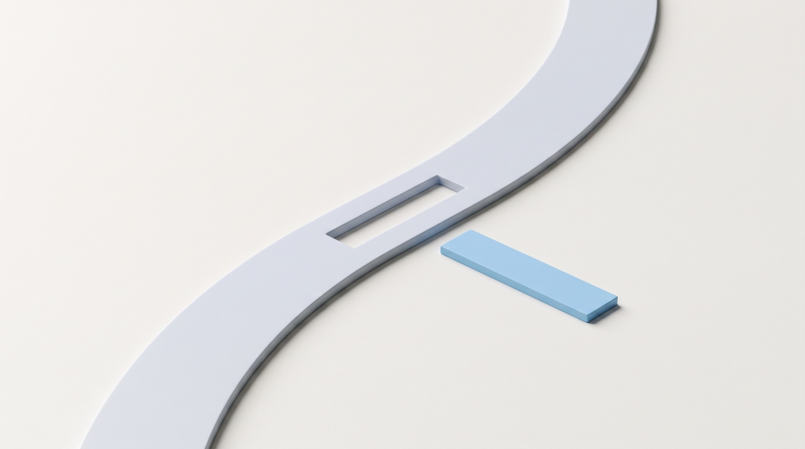 A smooth pale-grey pathway curving across a calm off-white surface with one rectangular gap missing near the center, and a single sky-blue plank resting beside it, ready to bridge the gap.