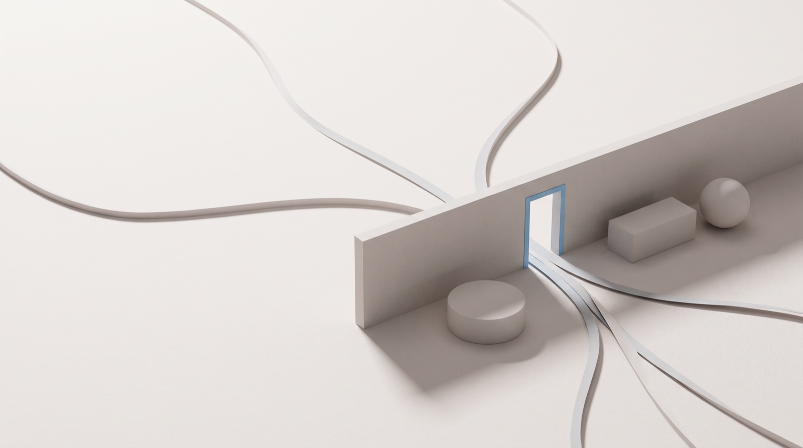 Several pale-grey ribbon paths entering from different edges of a calm off-white surface and converging toward one narrow doorway edged in sky blue.