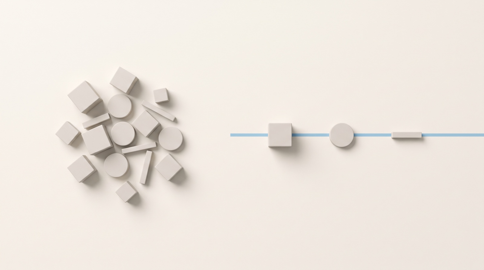 An uneven cluster of small pale-grey forms of different sizes gathered on the left of an off-white surface, with three of them lifted out and set evenly along a single thin sky-blue line on the right.
