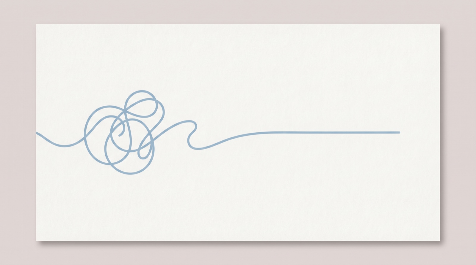 A single tangled sky-blue thread on a pale, calm surface, loosening into one straight line, suggesting a circling thought settling into order.
