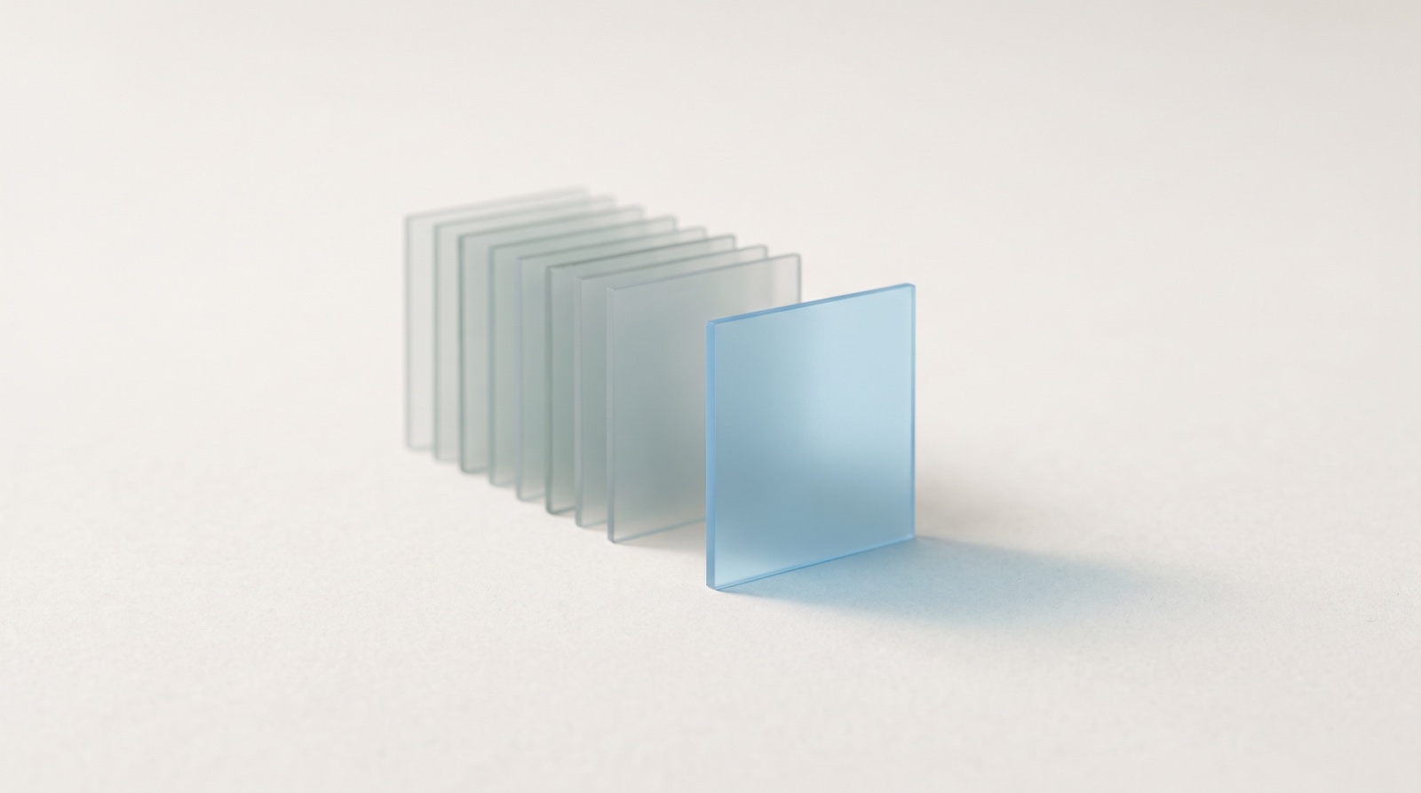 A row of pale translucent panes receding into soft focus, with one sky-blue pane pulled forward and sharp on an off-white surface.