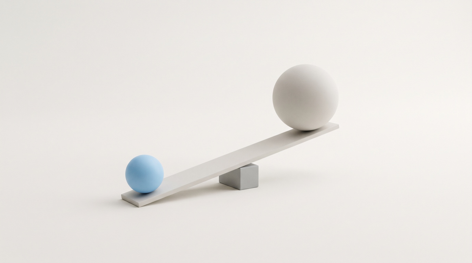 A slim pale seesaw on a calm off-white surface, a small sky-blue sphere on the grounded end holding a much larger grey sphere in the air, like a small change carrying a heavy day.