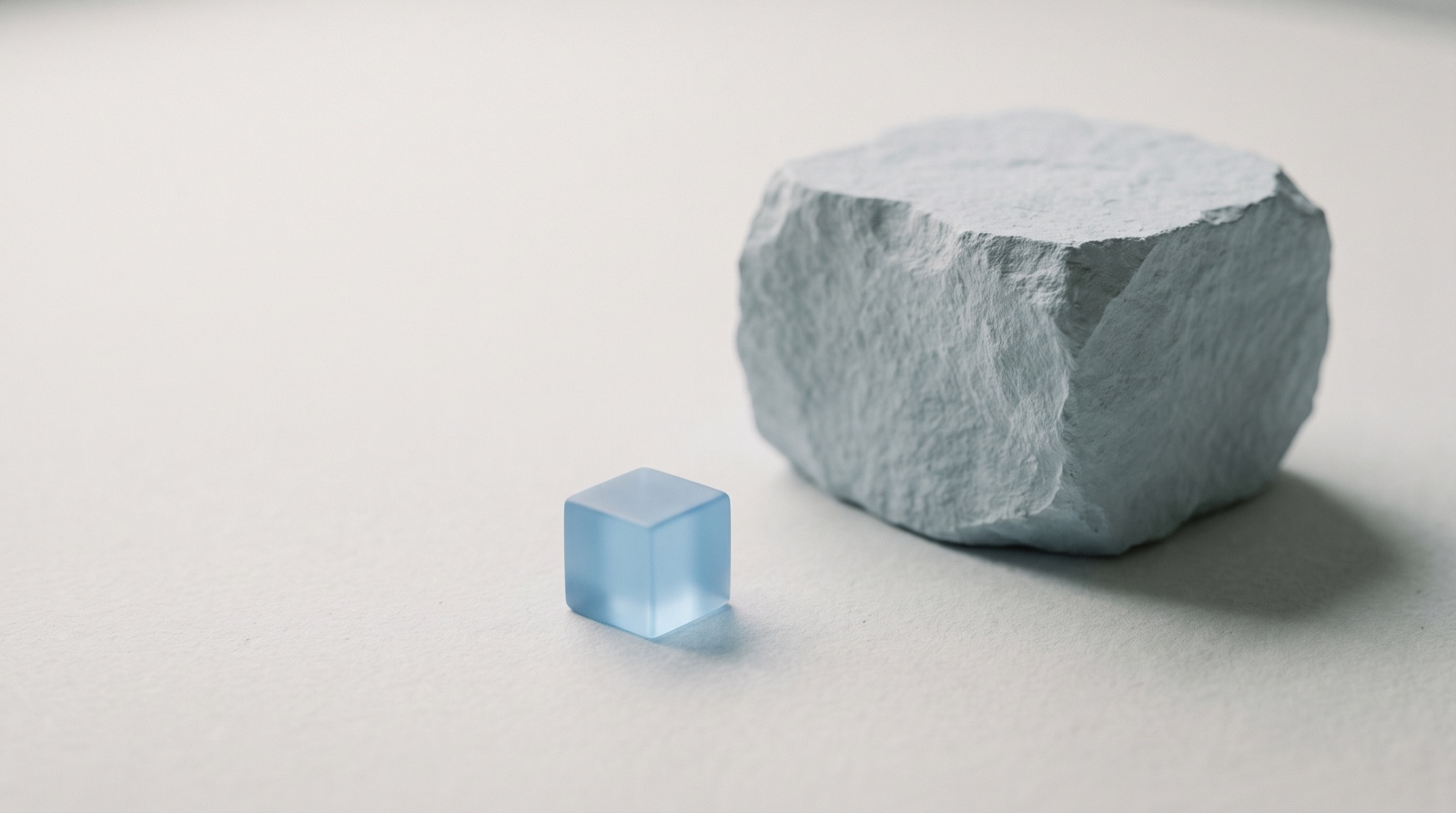 A single small sky-blue cube resting apart from a large, heavy pale-grey stone block on a calm off-white surface, suggesting one small first step beside an immovable task.