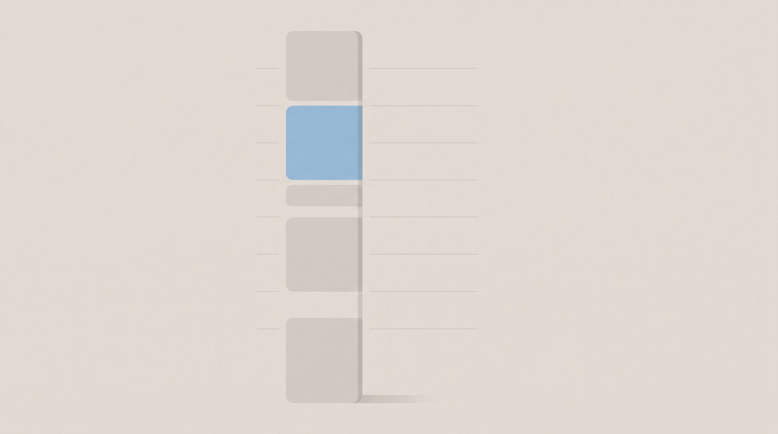 A clean vertical day column on a pale off-white field, a few softly rounded time blocks stacked with calm gaps between them and one block in sky-blue.